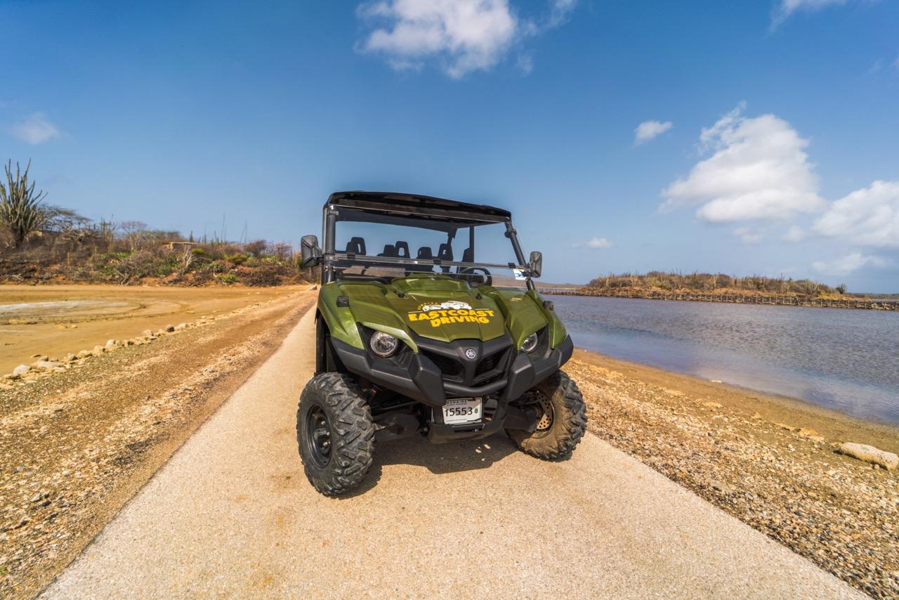 Spacious 4-seater Club Car golf cart parked under Bonaire's clear blue sky, perfect for family explorations.