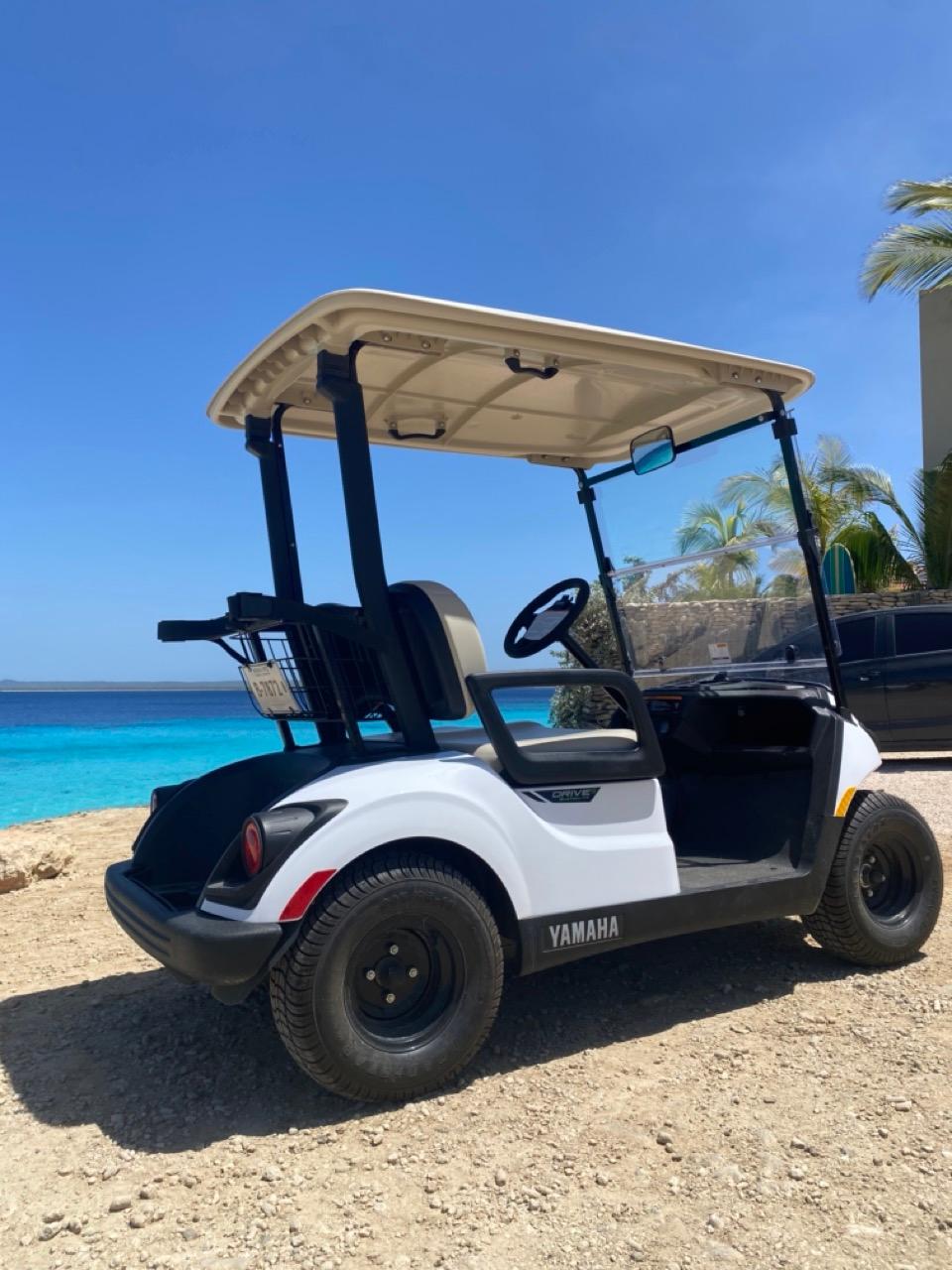 Sleek Yamaha 2-seater golf cart exterior view showcasing its compact design and comfortable seating.